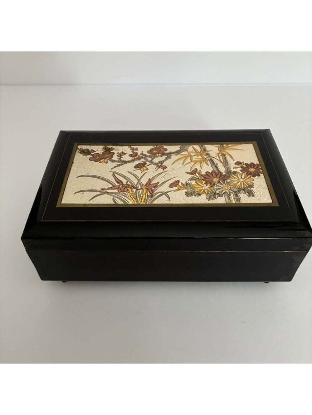 Vintage Japanese Music Jewelry Box Mirror Black Lacquer Floral Inlay Fur Elise